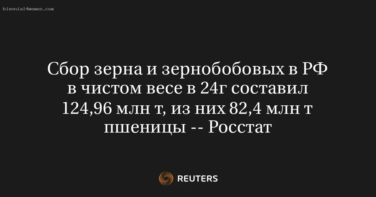 
								Сбор зерна и зернобобовых в РФ в чистом весе в 24г составил 124,96 млн т, из них 82,4 млн т пшеницы -- Росстат			